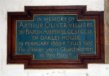 Plaque to the 2nd Baron Ampthill on the north wall of the north aisle March 2011